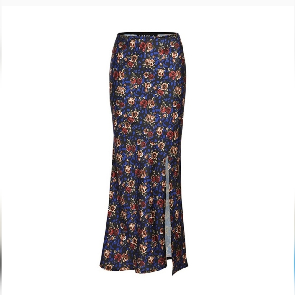 Nwt Lioness Summer Thing Dark Base Floral Midi Satin Column Skirt